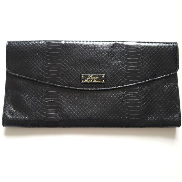 NEW Lauren Ralph Lauren Banbury Snake Envelope Clutch Black Evening - Picture 1 of 10